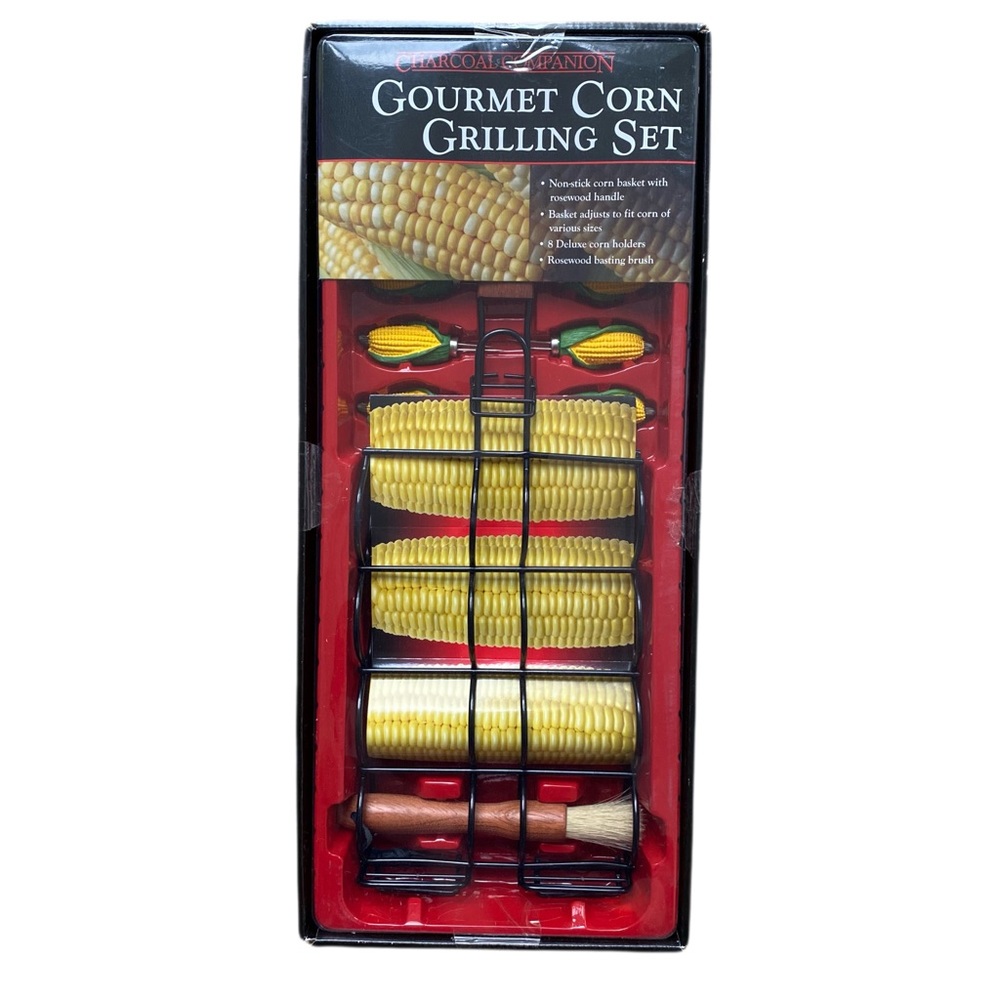 Gourmet corn grilling set with corn basket, corn holders, basting brush